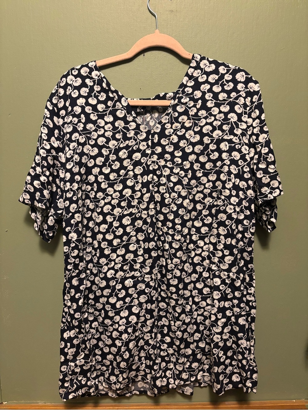 Navy and White Floral V-Neck Women’s Top